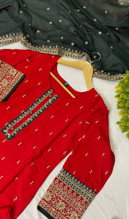Red georgette Straight with Zori Work Panel|SC1_1