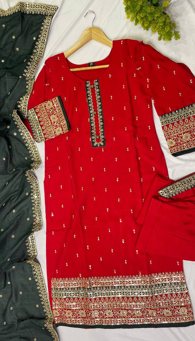 Red georgette Straight with Zori Work Panel|SC1_1
