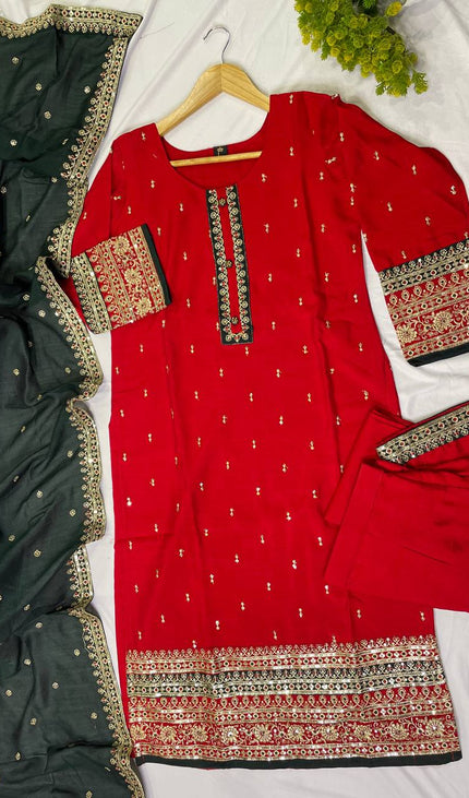Red georgette Straight with Zori Work Panel|SC1_1