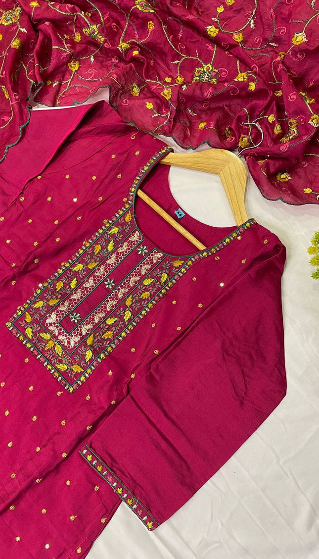 Magenta soft cotton silk Straight Cut Kurti with Thread Work Panel|SC2