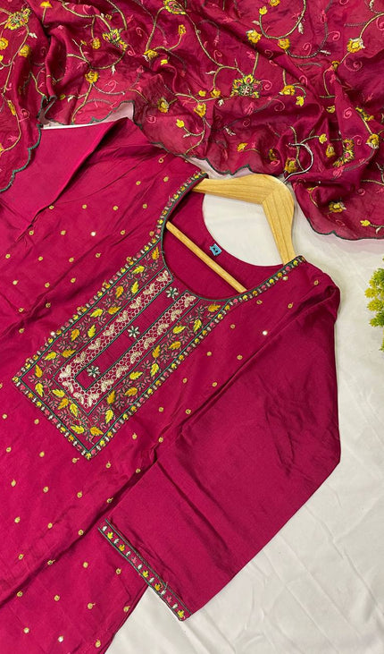 Magenta soft cotton silk Straight Cut Kurti with Thread Work Panel|SC2