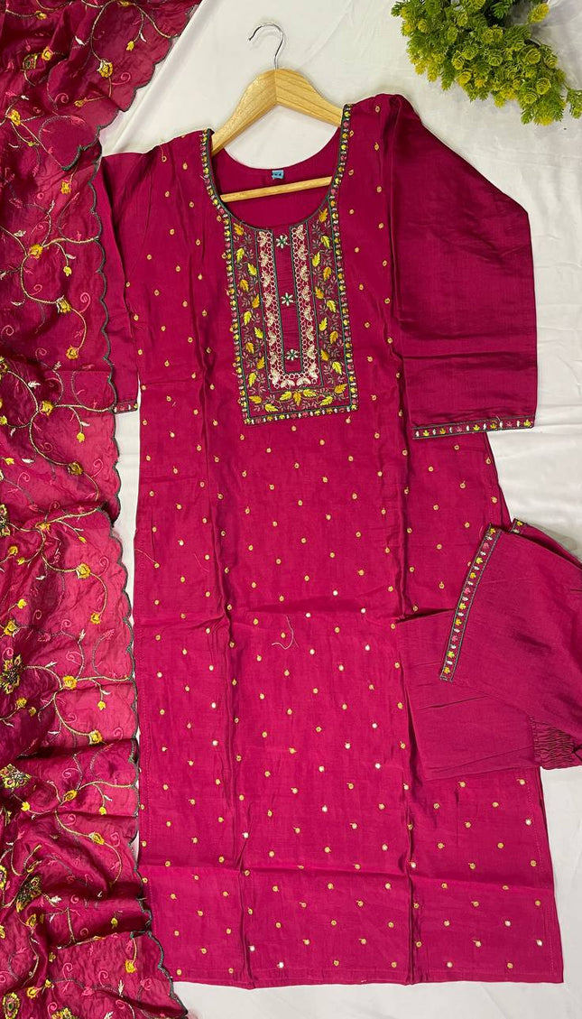 Magenta soft cotton silk Straight Cut Kurti with Thread Work Panel|SC2