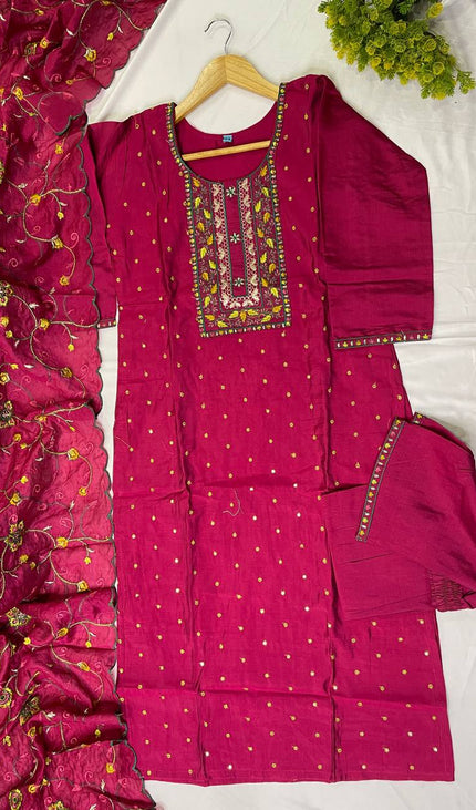 Magenta soft cotton silk Straight Cut Kurti with Thread Work Panel|SC2