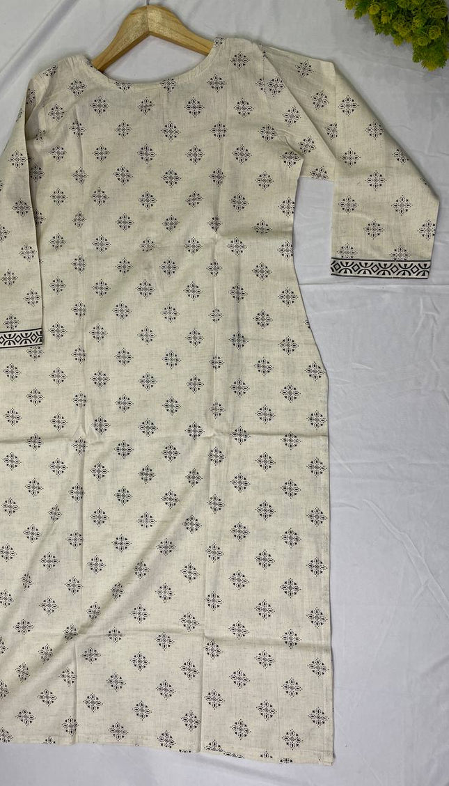Off White Cotton Linen Straight Cut Kurti with Thread Work Panel|SC4