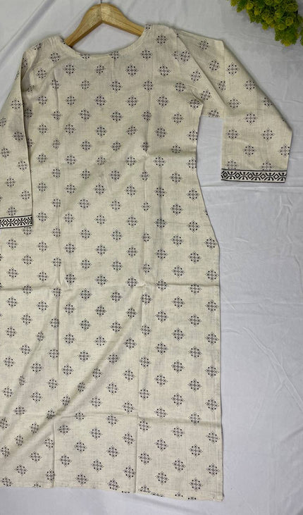 Off White Cotton Linen Straight Cut Kurti with Thread Work Panel|SC4