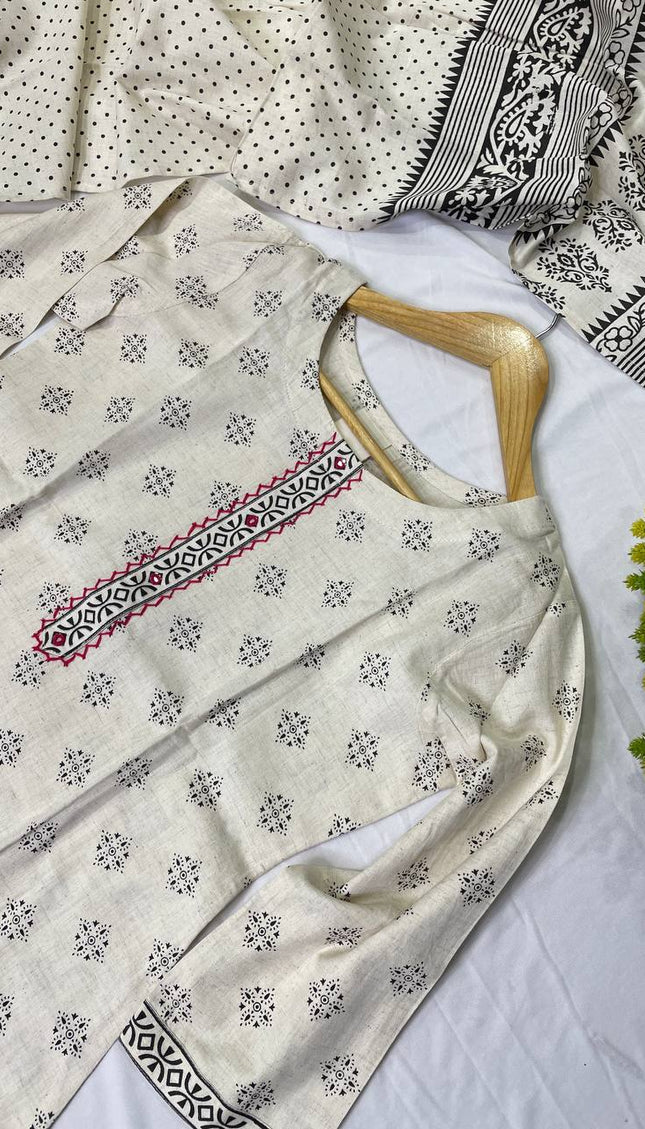 Off White Cotton Linen Straight Cut Kurti with Thread Work Panel|SC4