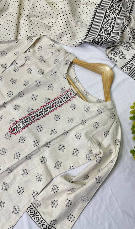 Off White Cotton Linen Straight Cut Kurti with Thread Work Panel|SC4