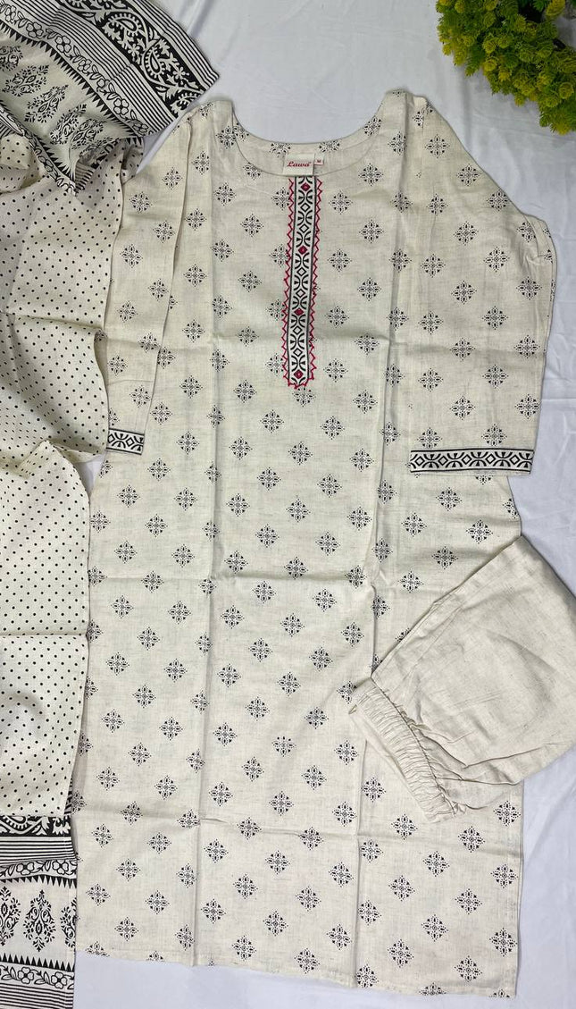 Off White Cotton Linen Straight Cut Kurti with Thread Work Panel|SC4
