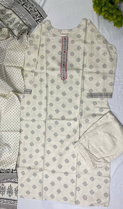 Off White Cotton Linen Straight Cut Kurti with Thread Work Panel|SC4
