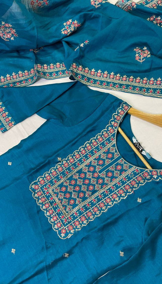 Teal Blue Georgette Straight Cut with Floral Embroidered Panel|SC5