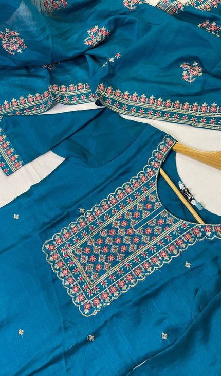Teal Blue Georgette Straight Cut with Floral Embroidered Panel|SC5