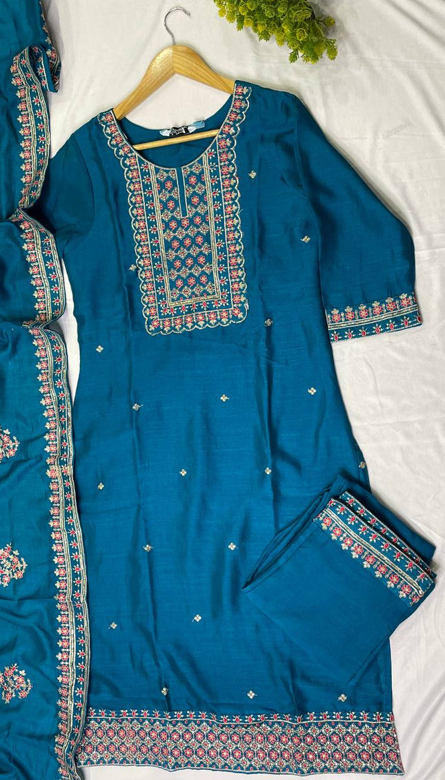 Teal Blue Georgette Straight Cut with Floral Embroidered Panel|SC5