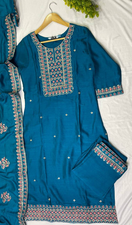 Teal Blue Georgette Straight Cut with Floral Embroidered Panel|SC5