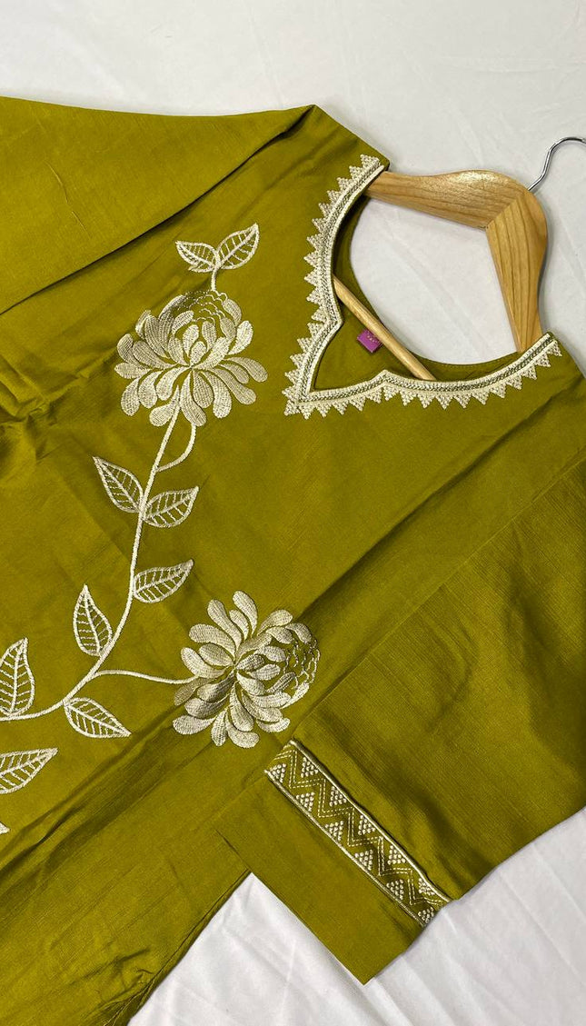 Olive Green  Linen jute Straight Cut with Floral Thread Design|SC6