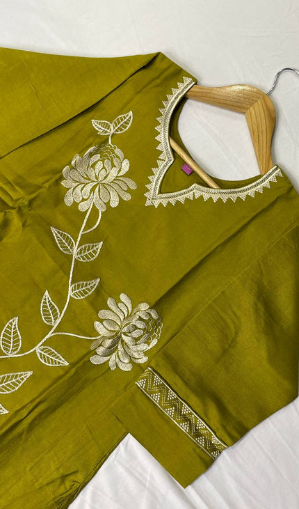 Olive Green  Linen jute Straight Cut with Floral Thread Design|SC6