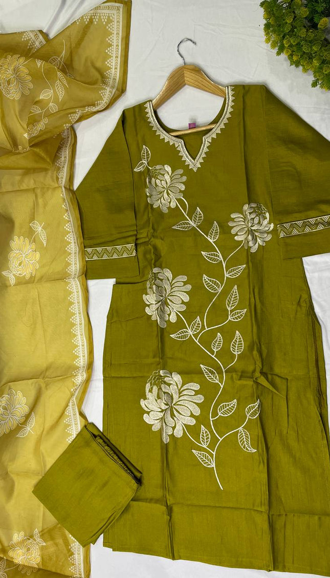 Olive Green  Linen jute Straight Cut with Floral Thread Design|SC6