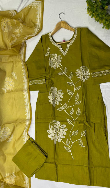 Olive Green  Linen jute Straight Cut with Floral Thread Design|SC6