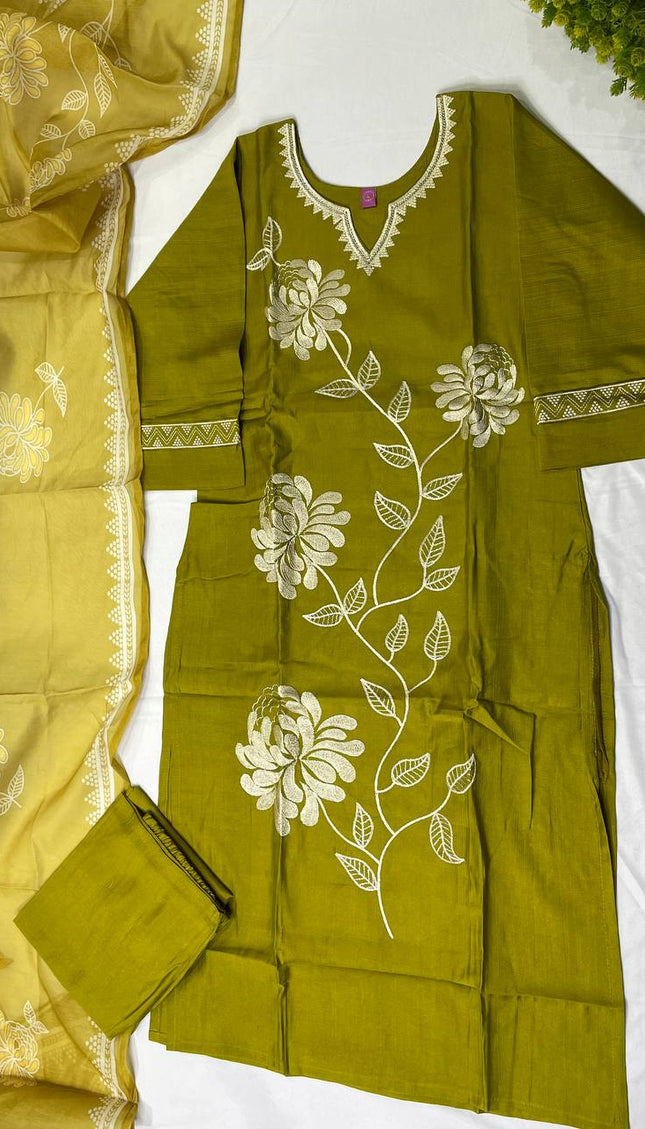 Olive Green  Linen jute Straight Cut with Floral Thread Design|SC6