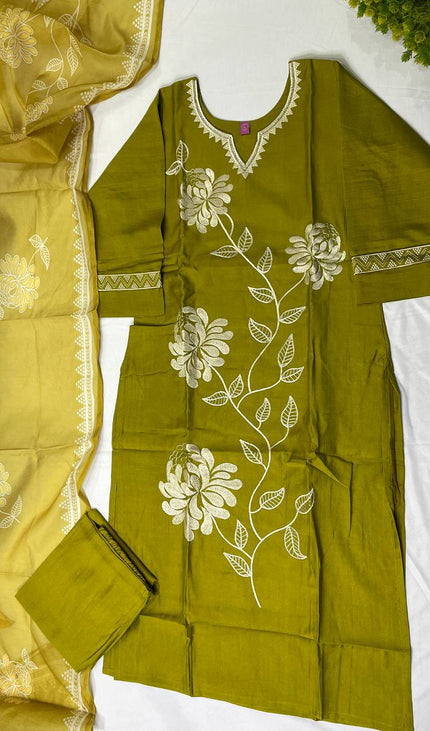 Olive Green  Linen jute Straight Cut with Floral Thread Design|SC6