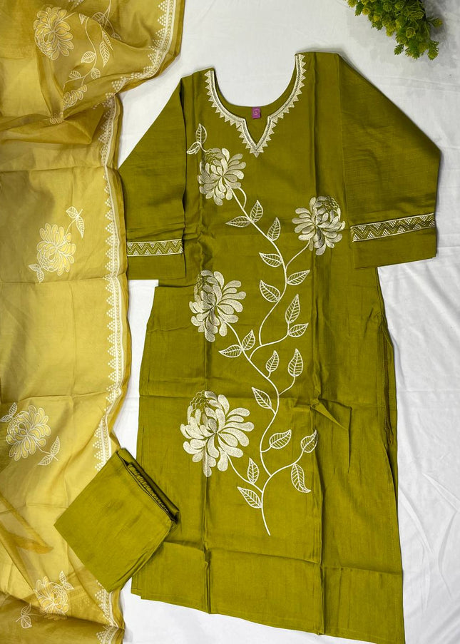 Olive Green  Linen jute Straight Cut with Floral Thread Design|SC6