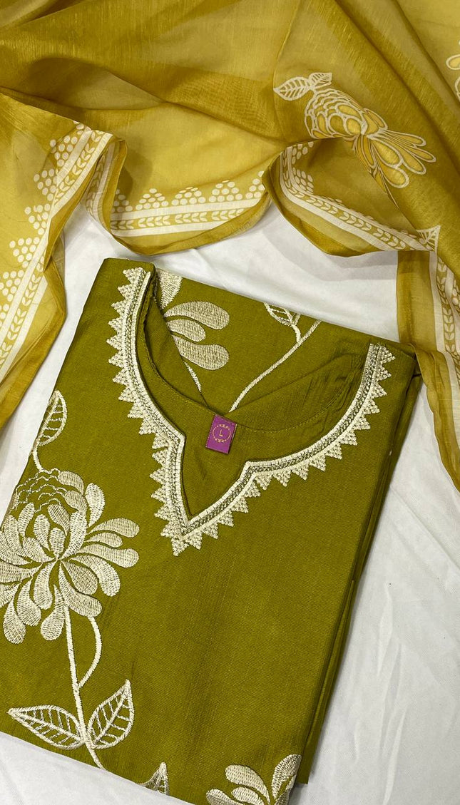 Olive Green  Linen jute Straight Cut with Floral Thread Design|SC6