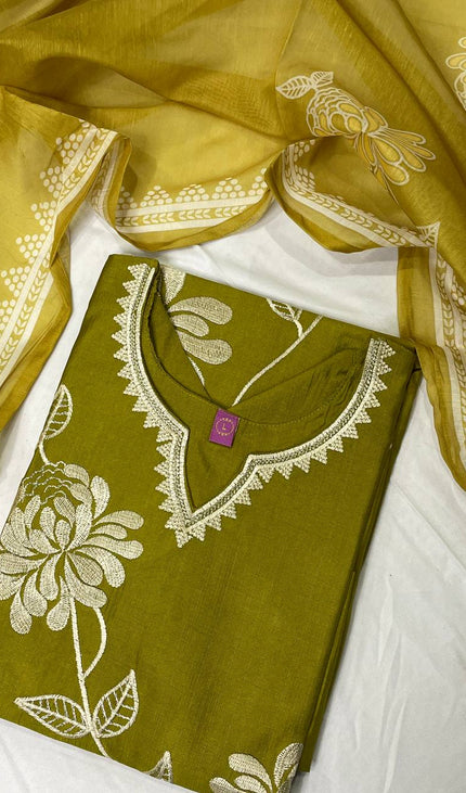 Olive Green  Linen jute Straight Cut with Floral Thread Design|SC6