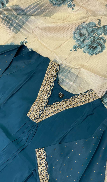 Teal Blue Muslin Anarkali  with Designer Neck Embroidery|A1