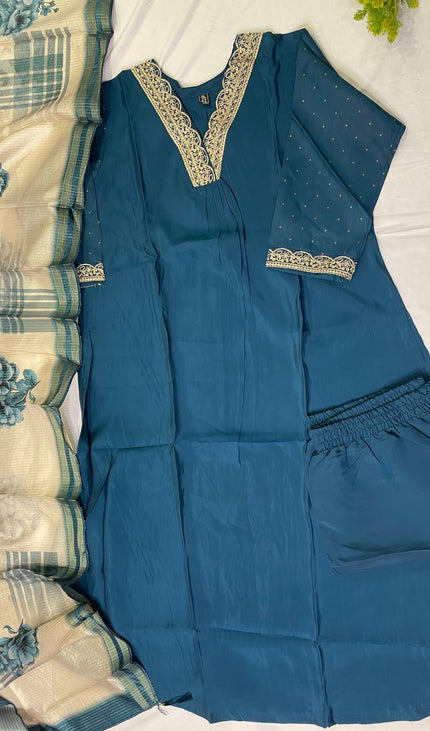 Teal Blue Muslin Anarkali  with Designer Neck Embroidery|A1