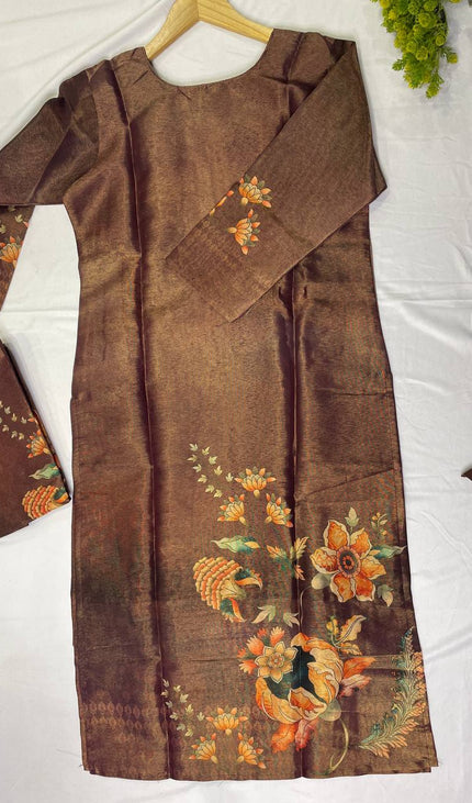 Brown  Tissue Silk Straight Cut with Beaded Embroidery|SC8_1