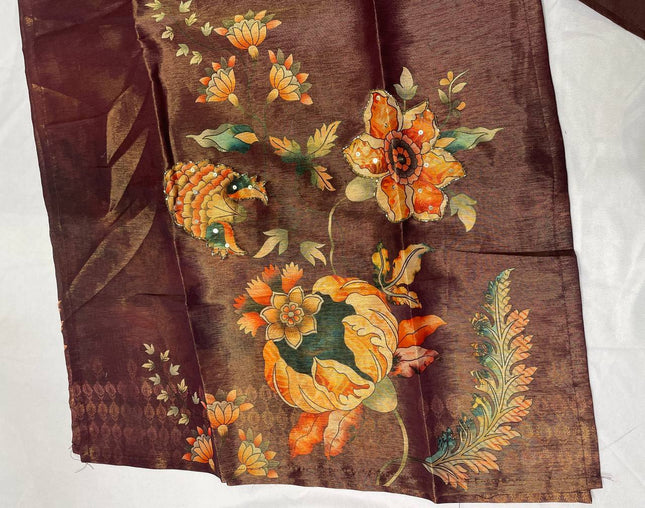 Brown  Tissue Silk Straight Cut with Beaded Embroidery|SC8_1