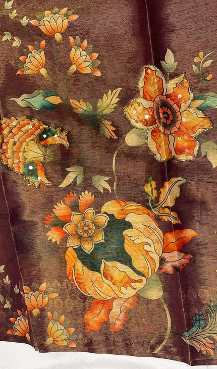Brown  Tissue Silk Straight Cut with Beaded Embroidery|SC8_1