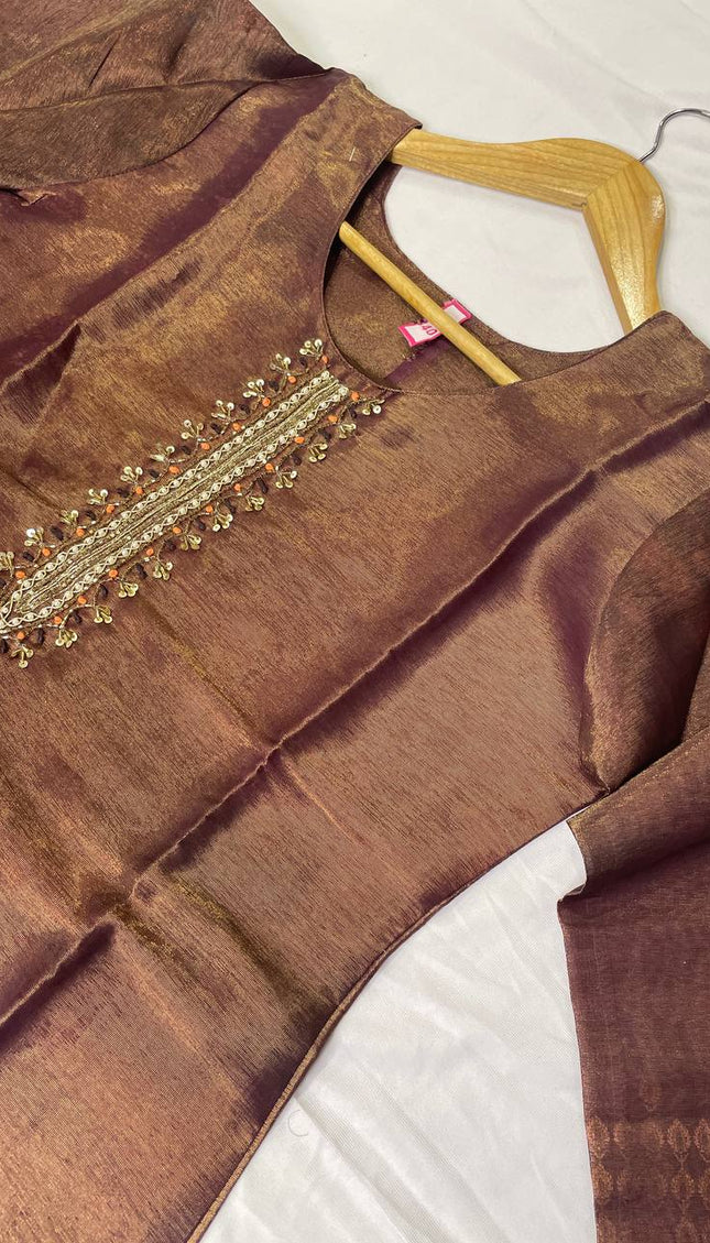 Brown  Tissue Silk Straight Cut with Beaded Embroidery|SC8_1