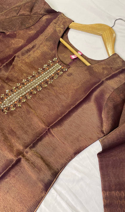 Brown  Tissue Silk Straight Cut with Beaded Embroidery|SC8_1