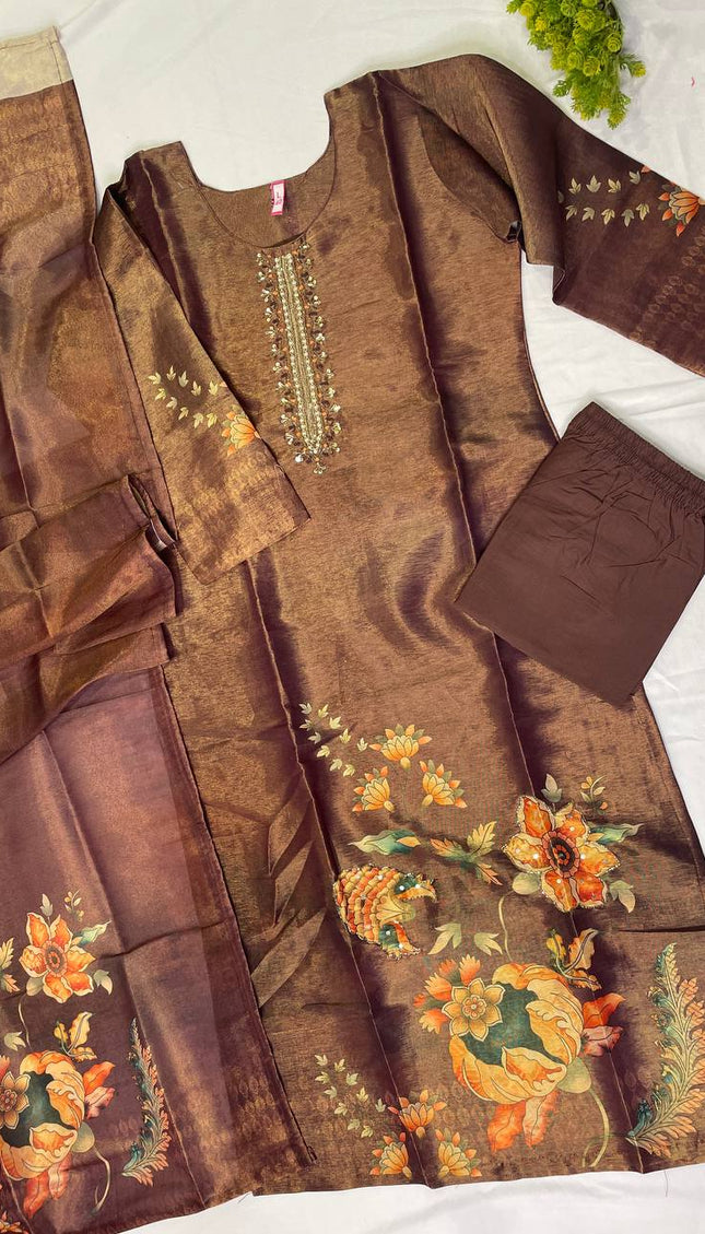 Brown  Tissue Silk Straight Cut with Beaded Embroidery|SC8_1
