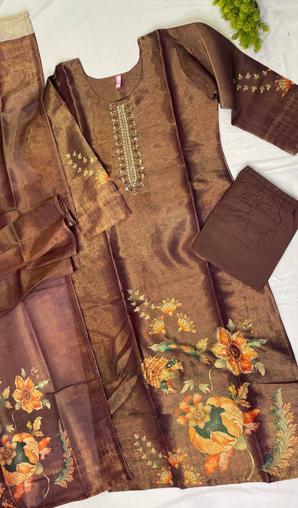 Brown  Tissue Silk Straight Cut with Beaded Embroidery|SC8_1