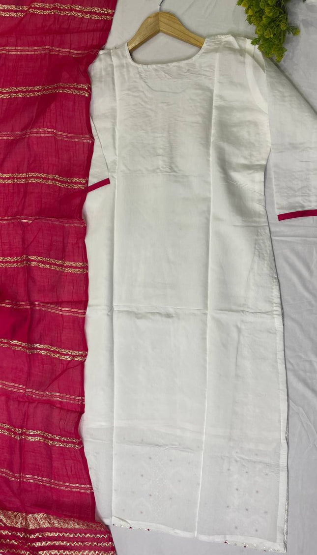 White Cotton Silk Straight Cut Kurti with All Over Embroidery|SC10