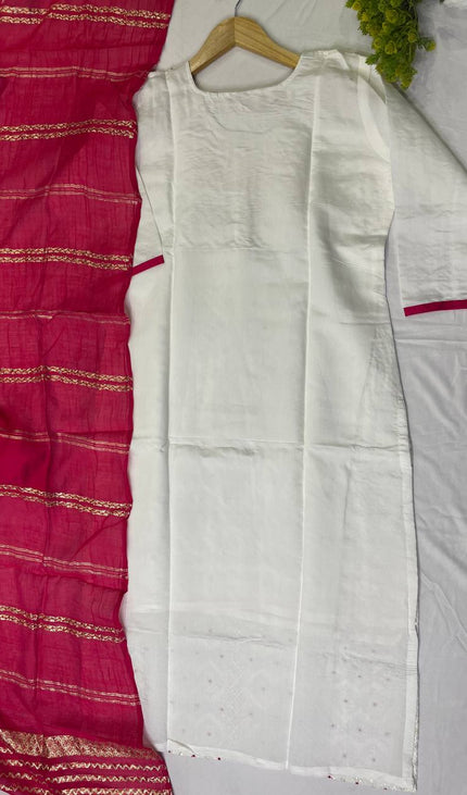 White Cotton Silk Straight Cut Kurti with All Over Embroidery|SC10