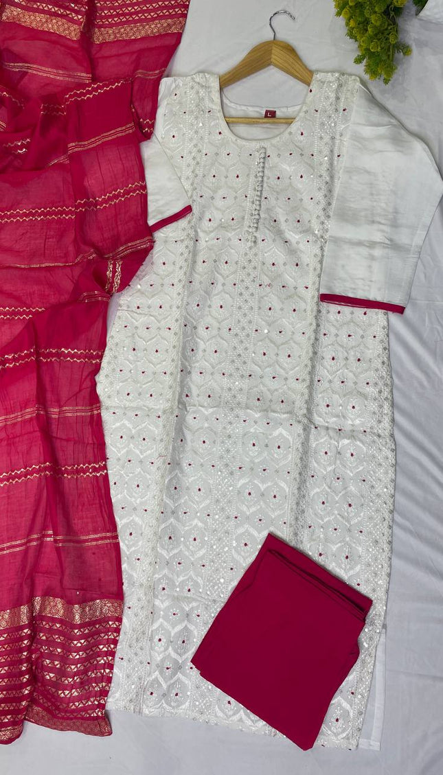 White Cotton Silk Straight Cut Kurti with All Over Embroidery|SC10