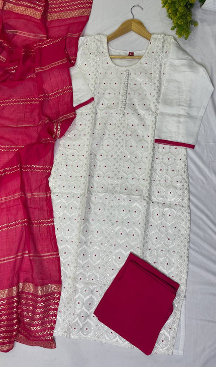 White Cotton Silk Straight Cut Kurti with All Over Embroidery|SC10