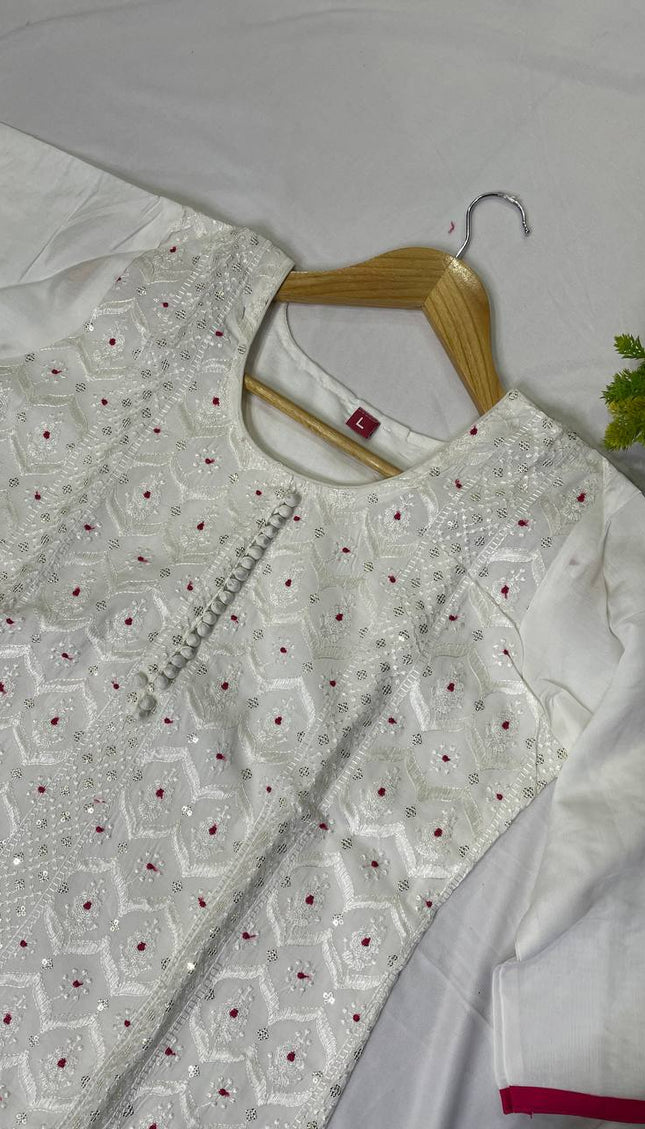 White Cotton Silk Straight Cut Kurti with All Over Embroidery|SC10