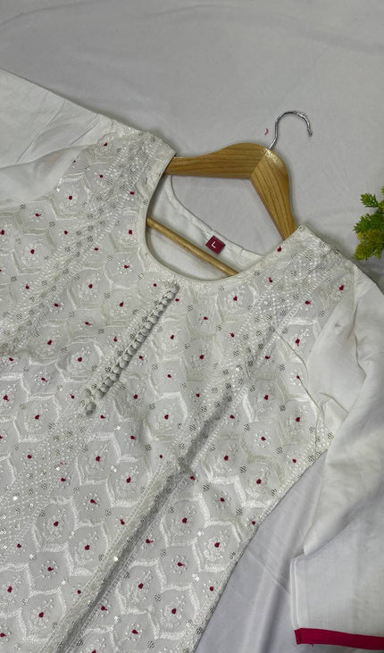 White Cotton Silk Straight Cut Kurti with All Over Embroidery|SC10