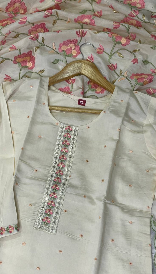 Cream Silk  Straight Cut Kurti with Floral Panel Work|SC9
