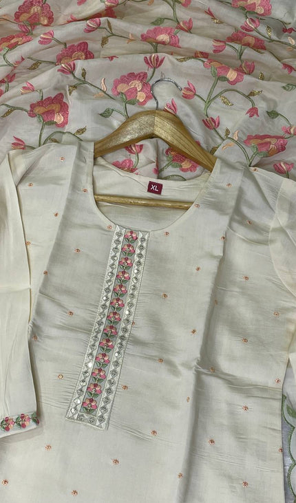 Cream Silk  Straight Cut Kurti with Floral Panel Work|SC9