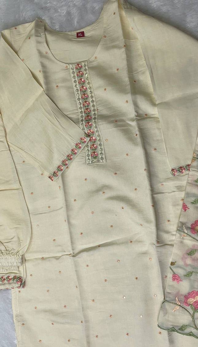 Cream Silk  Straight Cut Kurti with Floral Panel Work|SC9