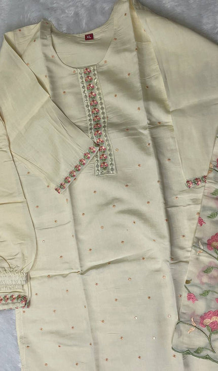 Cream Silk  Straight Cut Kurti with Floral Panel Work|SC9