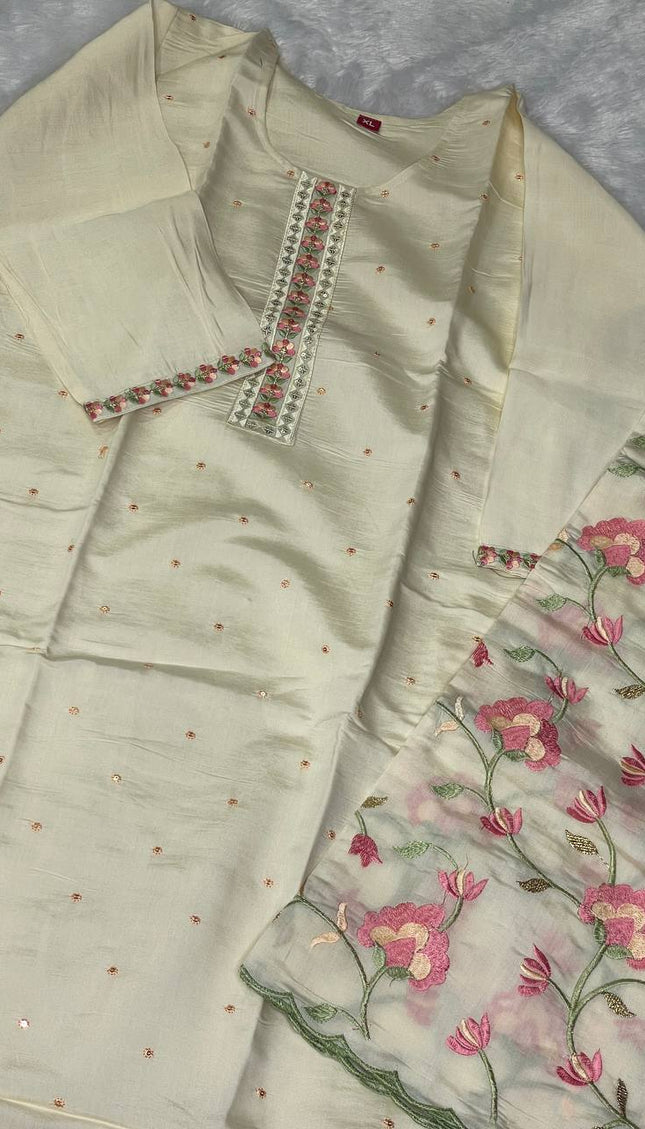 Cream Silk  Straight Cut Kurti with Floral Panel Work|SC9