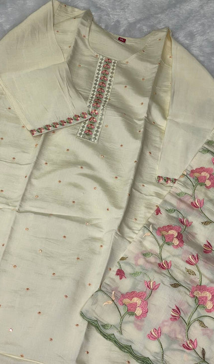 Cream Silk  Straight Cut Kurti with Floral Panel Work|SC9