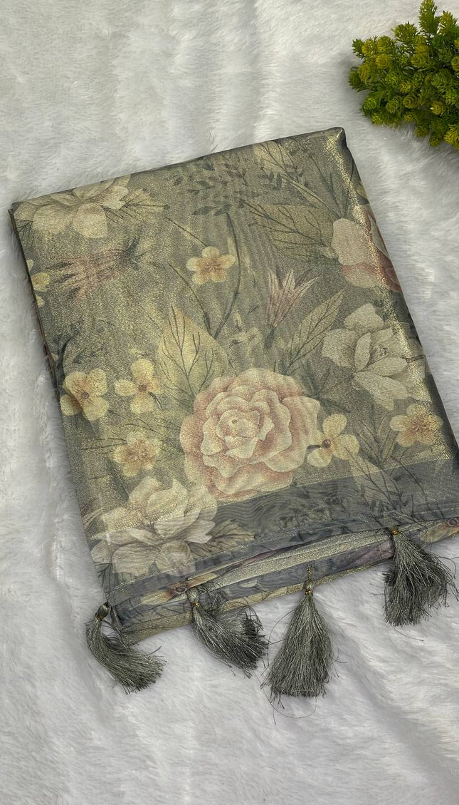 Sage Green Designer Organza Tissue Silk Saree with Floral Print & Blouse |DS25