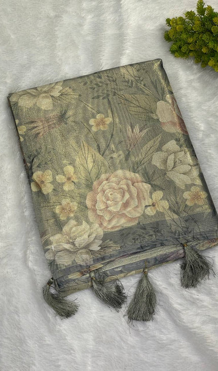 Sage Green Designer Organza Tissue Silk Saree with Floral Print & Blouse |DS25