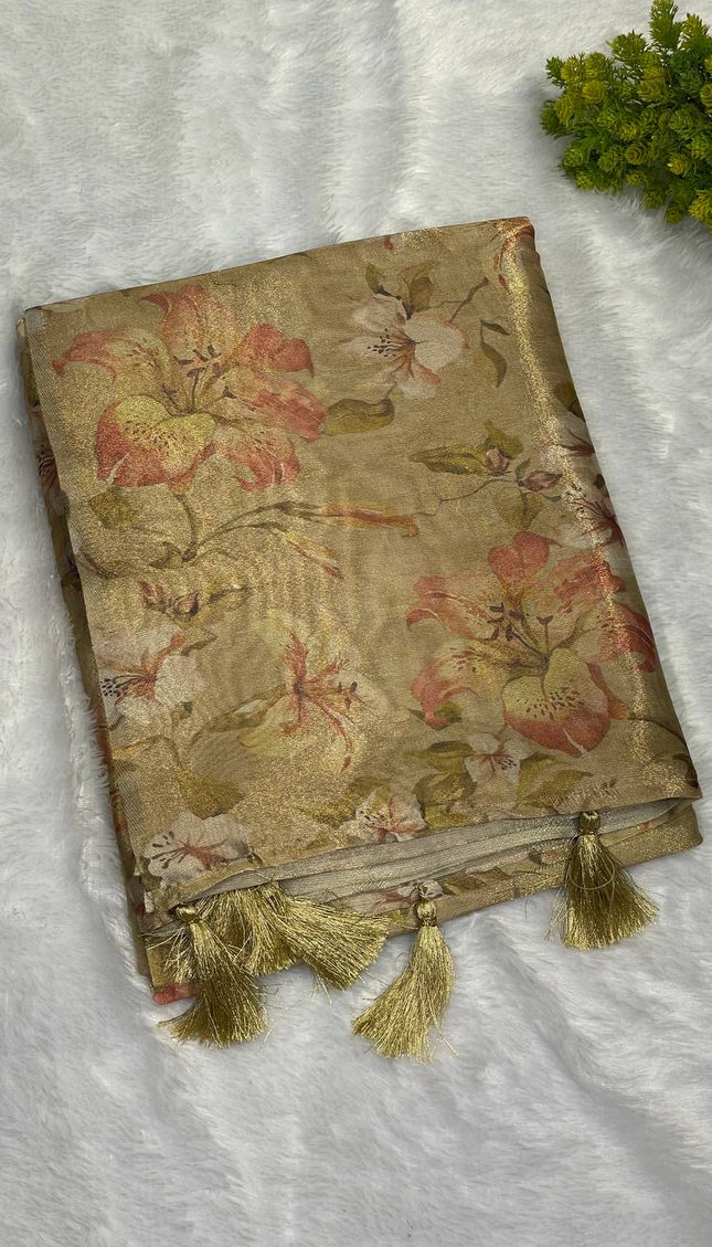 Pistachio Green Organza Tissue Silk Floral Designer Saree with Blouse |DS25